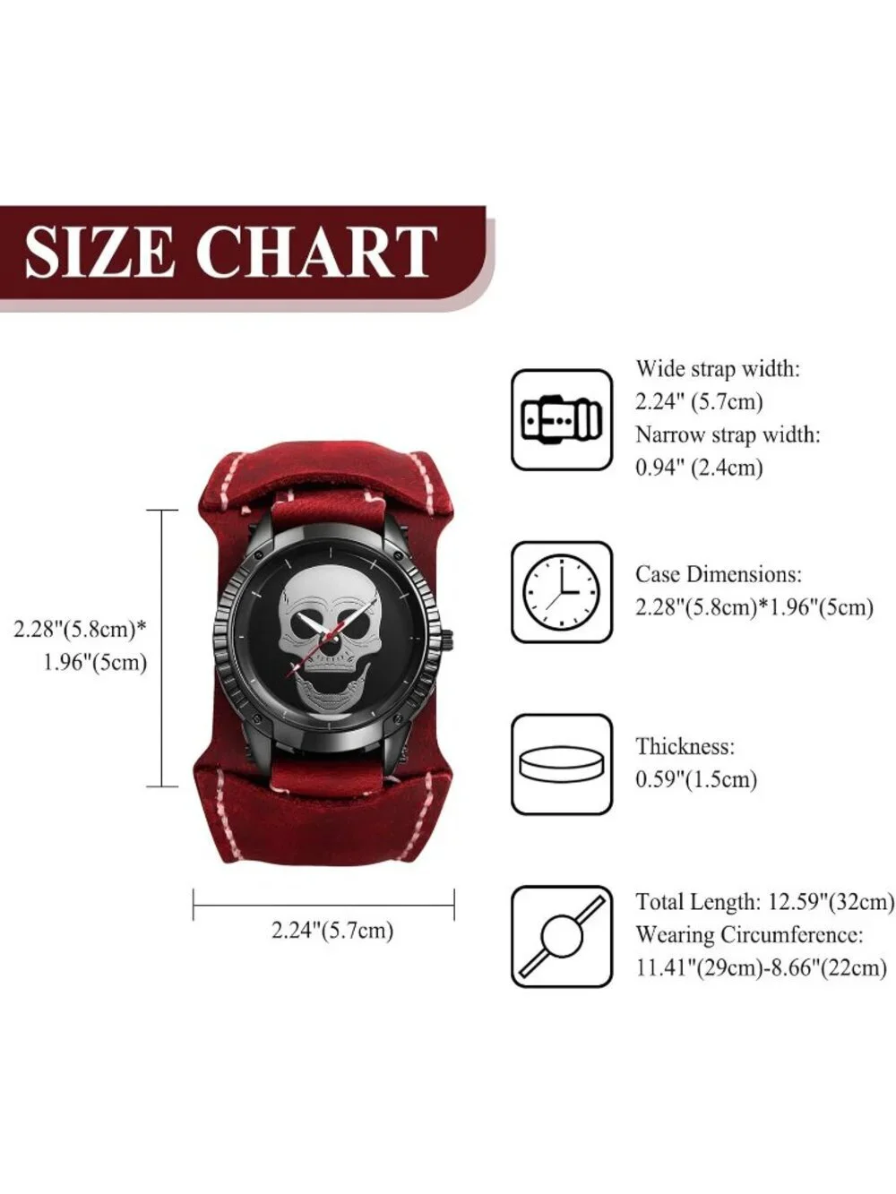 Men's Red Analog Quartz Steampunk Leather Gothic Skull Wide Cuff Wrist Watch